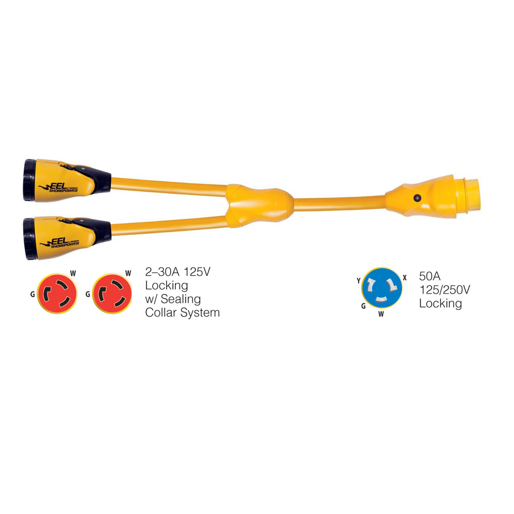 Tri-Water Marine | Marinco Y504-2-30 EEL (2)-30A-125V Female to (1)50A-125/250V Male "Y" Adapter - Yellow [Y504-2-30]