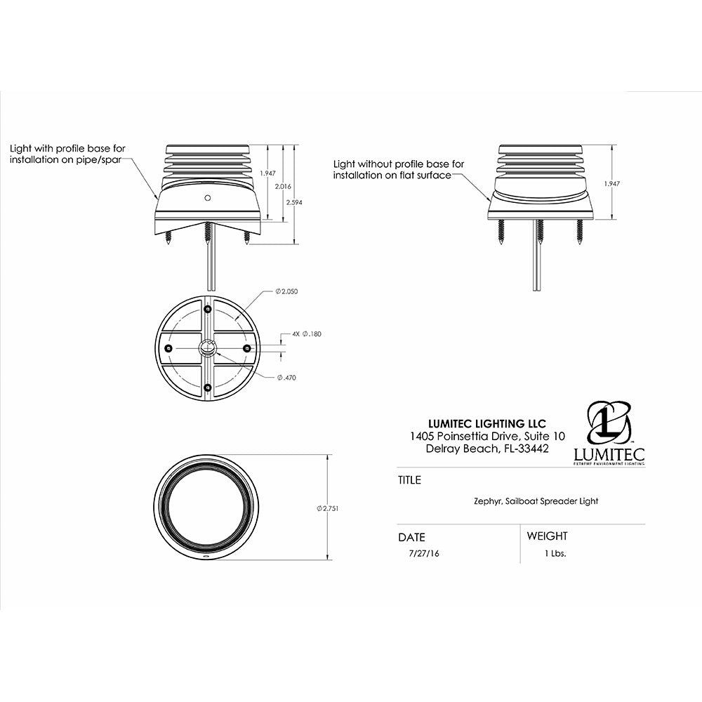 Tri-Water Marine | Lumitec Zephyr LED Spreader/Deck Light -Brushed, Black Base - White Non-Dimming [101326]