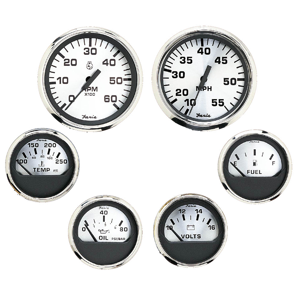 Tri-Water Marine | Faria Spun Silver Box Set of 6 Gauges f/ Inboard Engines - Speed, Tach, Voltmeter, Fuel Level, Water Temperature Oil [KTF0184]