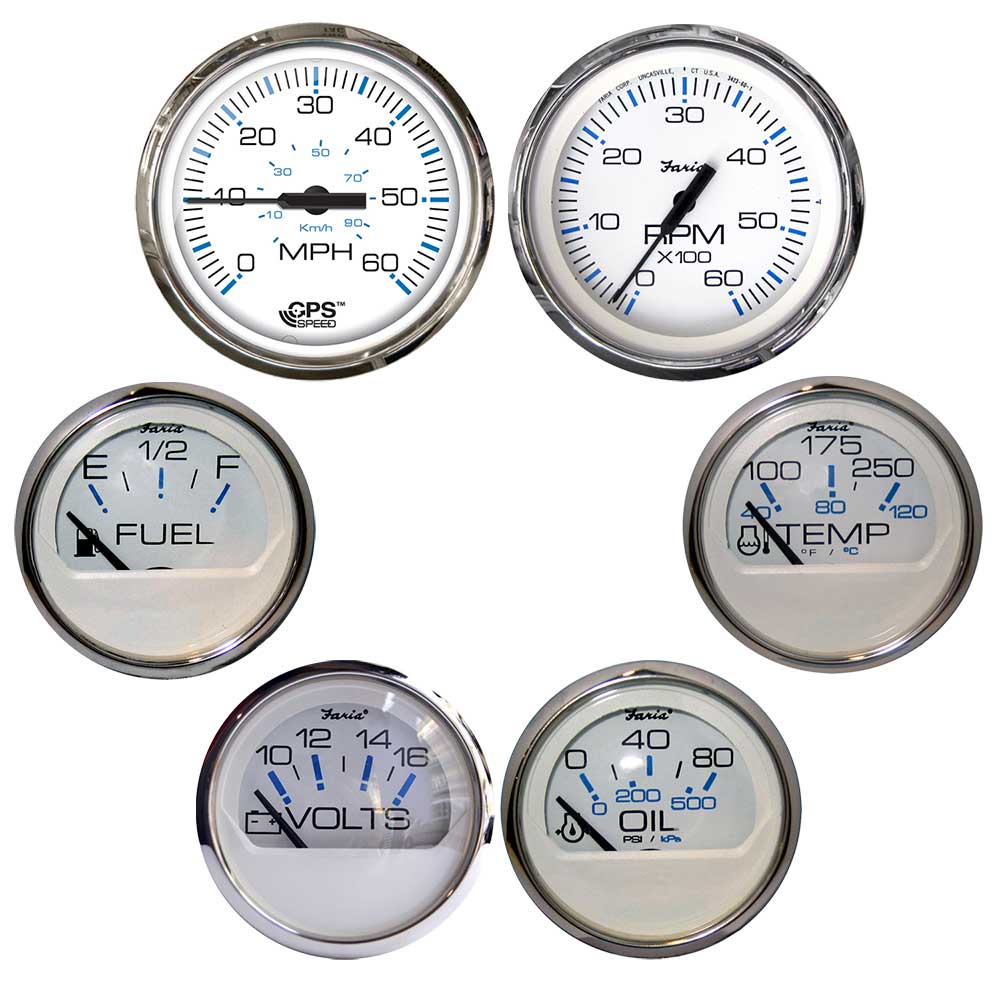 Tri-Water Marine | Faria Chesapeake White w/Stainless Steel Bezel Boxed Set of 6 - Speed, Tach, Fuel Level, Voltmeter, Water Temperature Oil PSI - Inboard Motors [KTF063]