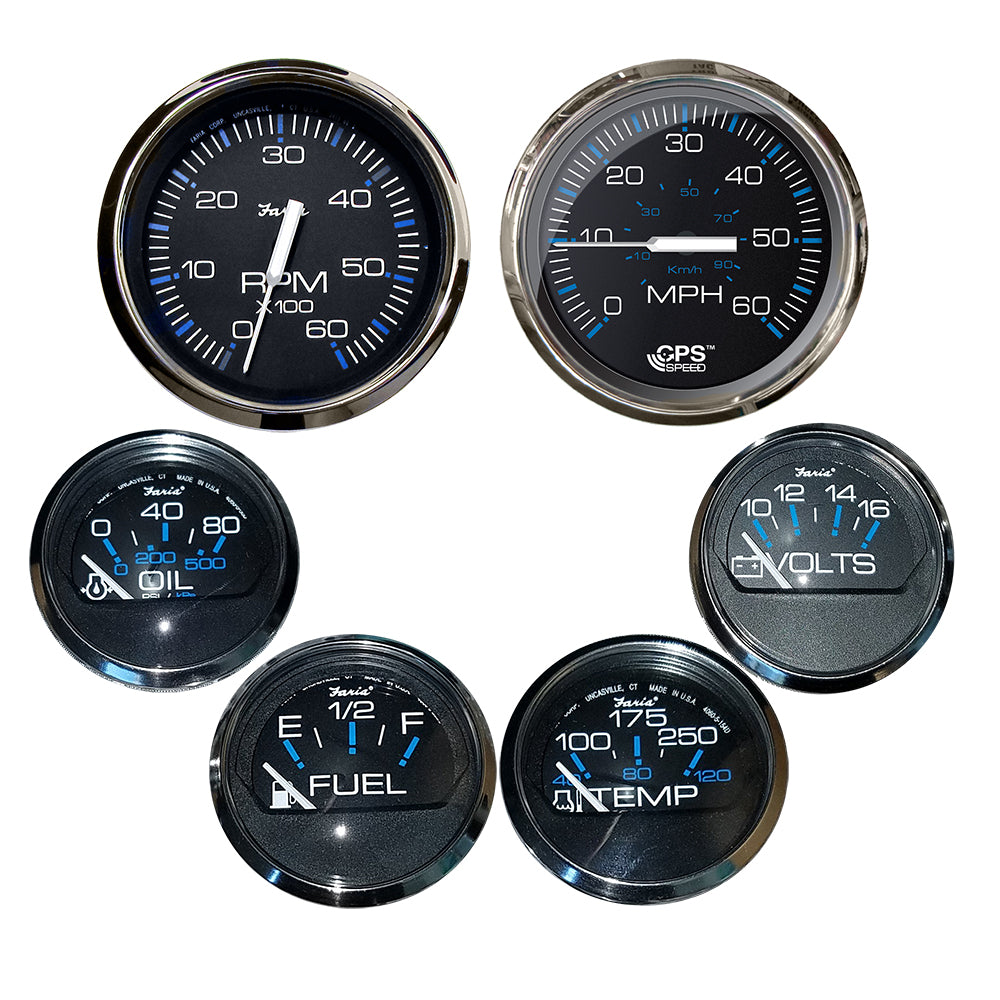 Tri-Water Marine | Faria Chesapeake Black w/Stainless Steel Bezel Boxed Set of 6 - Speed, Tach, Fuel Level, Voltmeter, Water Temperature Oil PSI - Inboard Motors [KTF064]