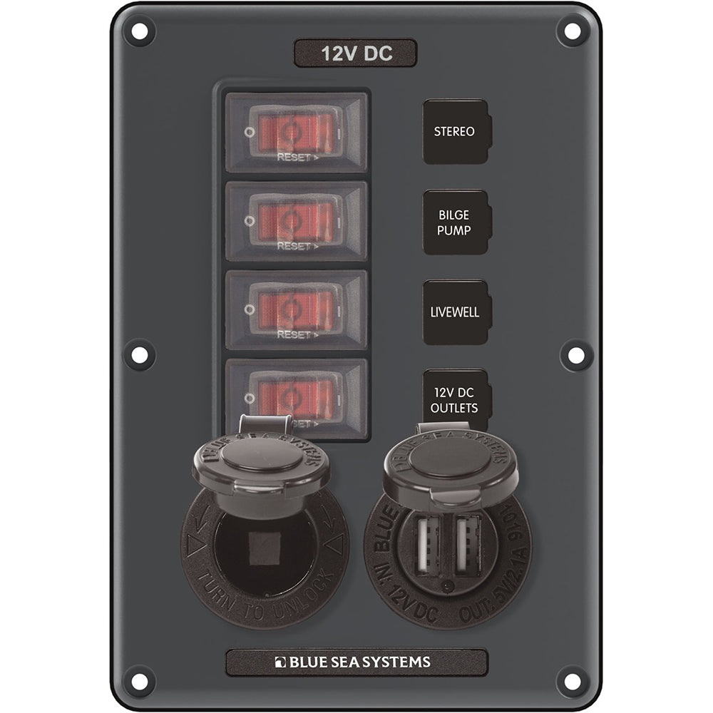 Tri-Water Marine | Blue Sea 4321 Circuit Breaker Switch Panel 4 Position - Gray w/12V Socket Dual USB [4321]