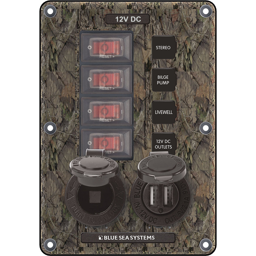 Tri-Water Marine | Blue Sea 4324 Circuit Breaker Switch Panel 4 Postion - Camo w/12V Socket Dual USB [4324]