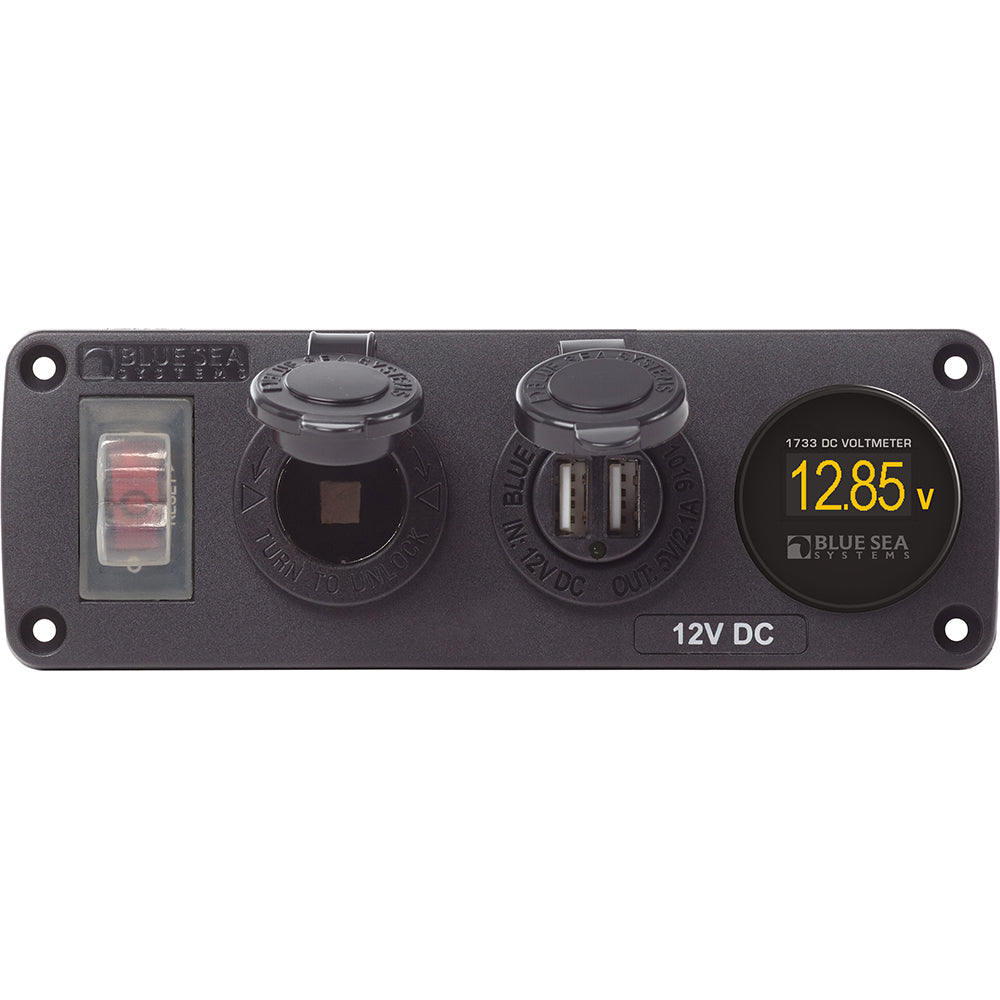 Tri-Water Marine | Blue Sea 4366 Water Resistant USB Accessory Panel - Circuit Breaker, 12V Socket, Dual USB Charger, Mini Voltmeter [4366]