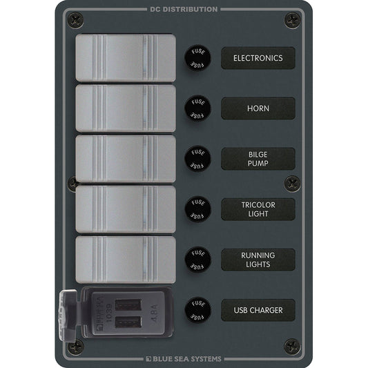 Tri-Water Marine | Blue Sea 8121 - 5 Position Contura Switch Panel w/Dual USB Chargers - 12/24V DC - Black [8121]