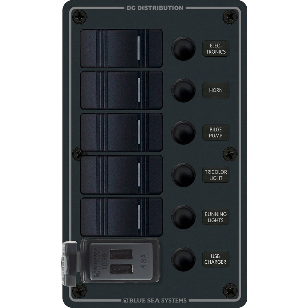 Tri-Water Marine | Blue Sea 8521 - 5 Position Contura Switch Panel w/Dual USB Chargers - 12/24V DC - Black [8521]