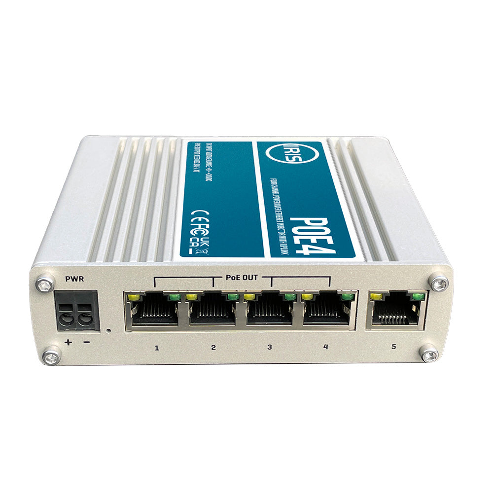 Tri-Water Marine | Iris Four Channel Uplink Power Over Ethernet Switch - IEEE802.3af 3at Compliant - 9-30VDC Input - 48VDC Output [POE4V2]